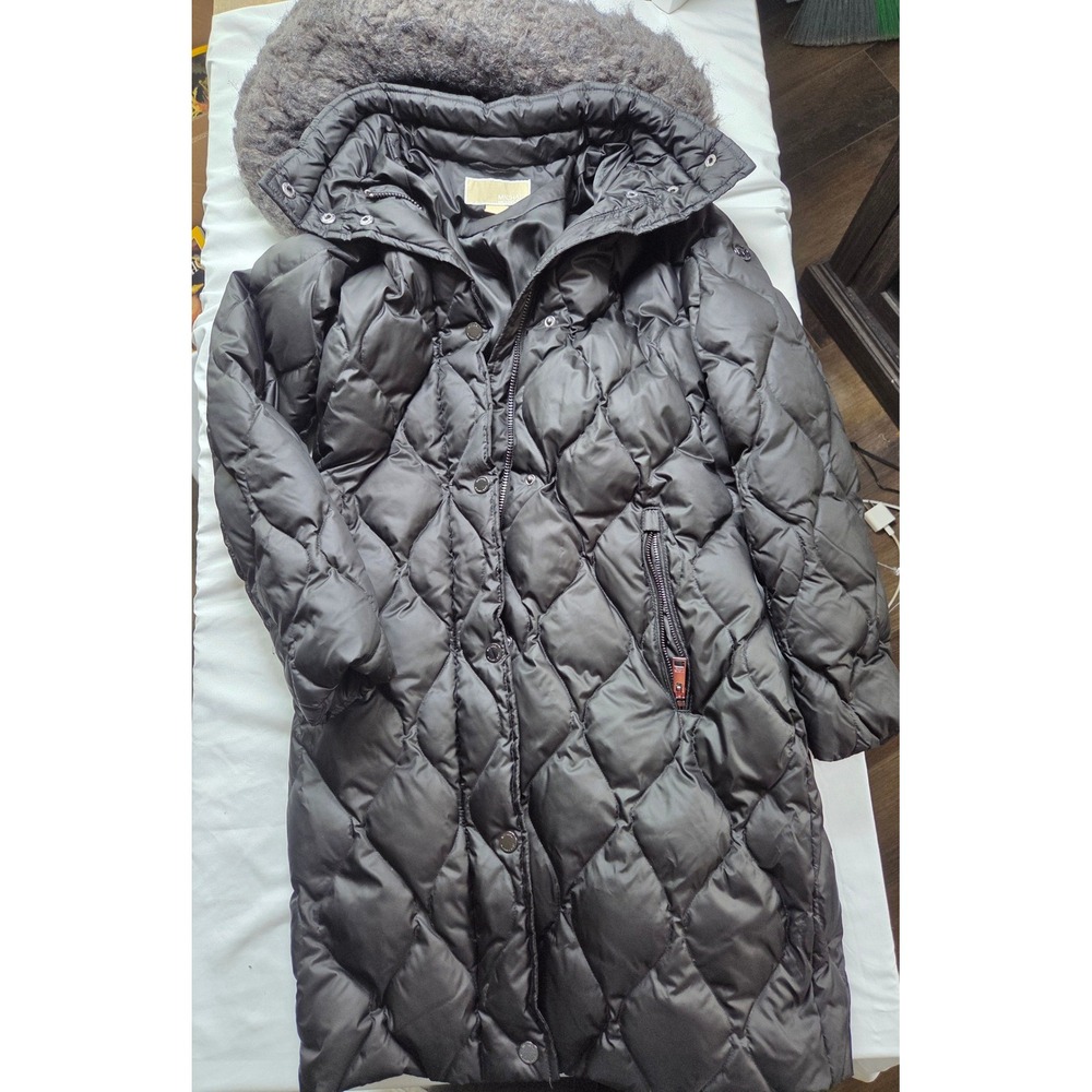 Michael Kors Womens Black Diamond Quilted Down Puffer Coat Faux Fur Hood Small